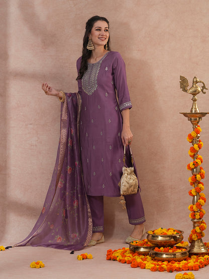 Solid Ethnic Zari Embroidered Straight Fit Kurta with Pant & Dupatta - Mauve