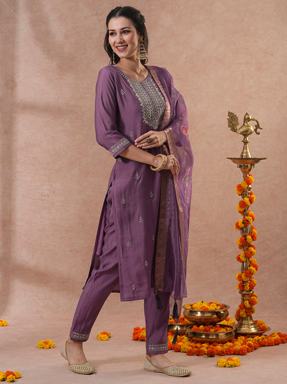 Solid Ethnic Zari Embroidered Straight Fit Kurta with Pant & Dupatta - Mauve