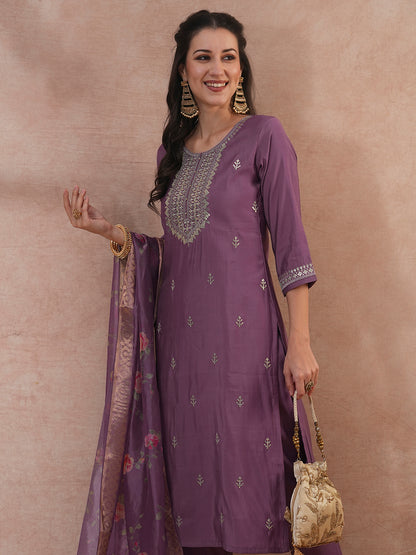 Solid Ethnic Zari Embroidered Straight Fit Kurta with Pant & Dupatta - Mauve