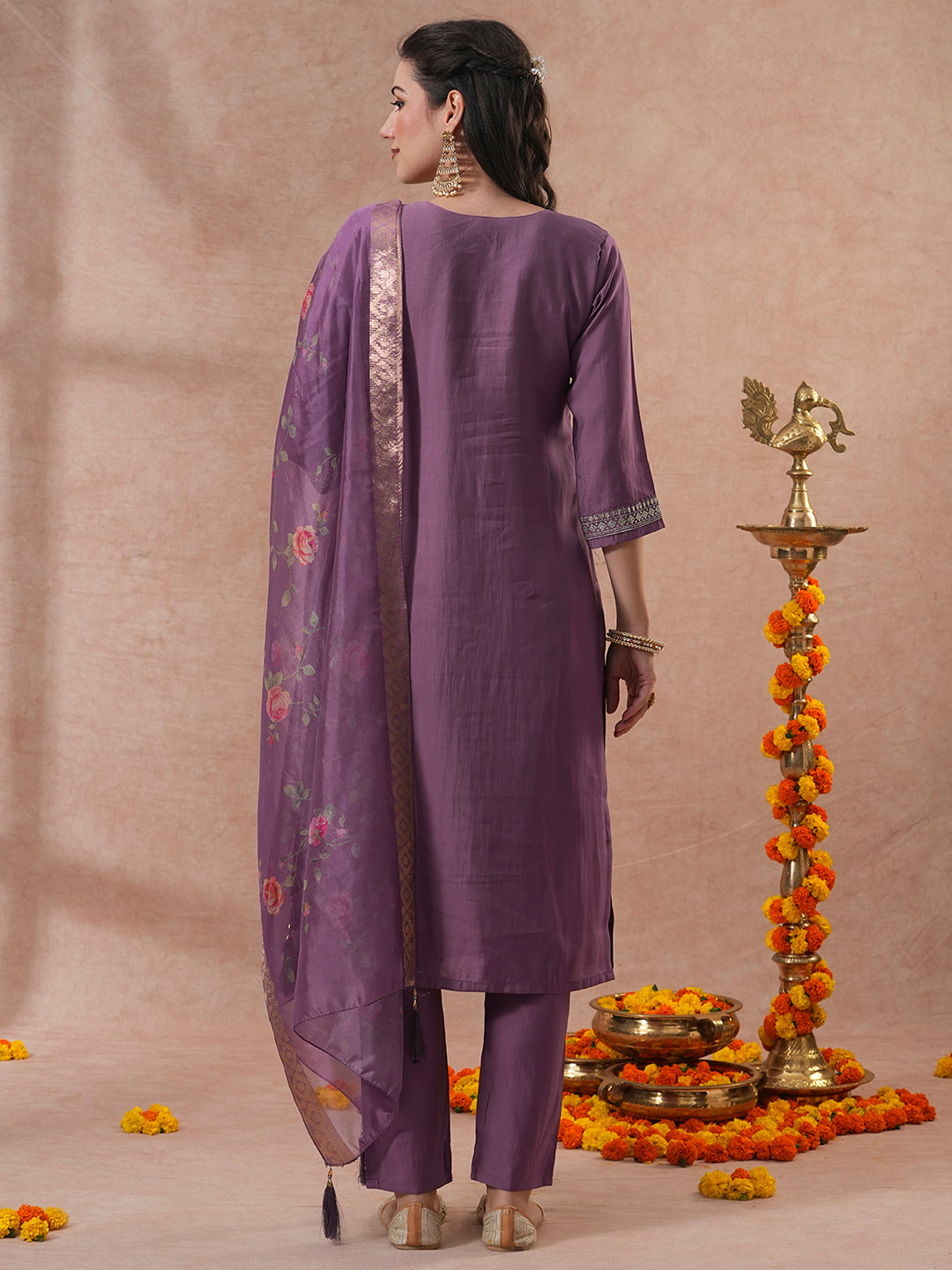 Solid Ethnic Zari Embroidered Straight Fit Kurta with Pant & Dupatta - Mauve