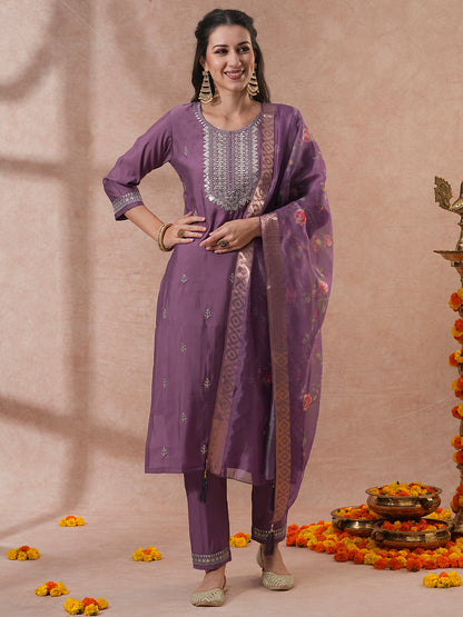 Solid Ethnic Zari Embroidered Straight Fit Kurta with Pant & Dupatta - Mauve