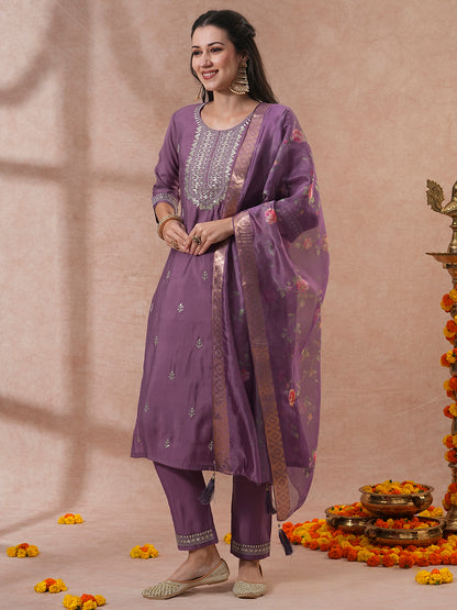 Solid Ethnic Zari Embroidered Straight Fit Kurta with Pant & Dupatta - Mauve