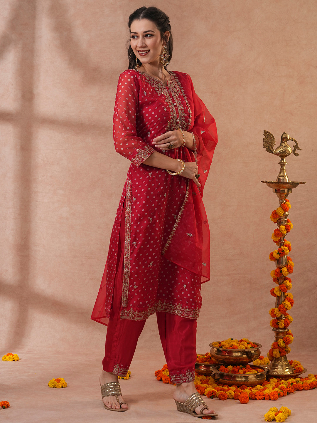 Bandhani Printed & Embroidered Straight Kurta with Pant & Dupatta - Red