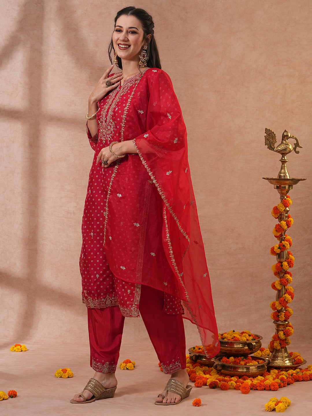 Bandhani Printed & Embroidered Straight Kurta with Pant & Dupatta - Red