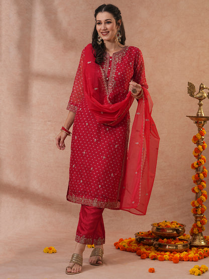 Bandhani Printed & Embroidered Straight Kurta with Pant & Dupatta - Red