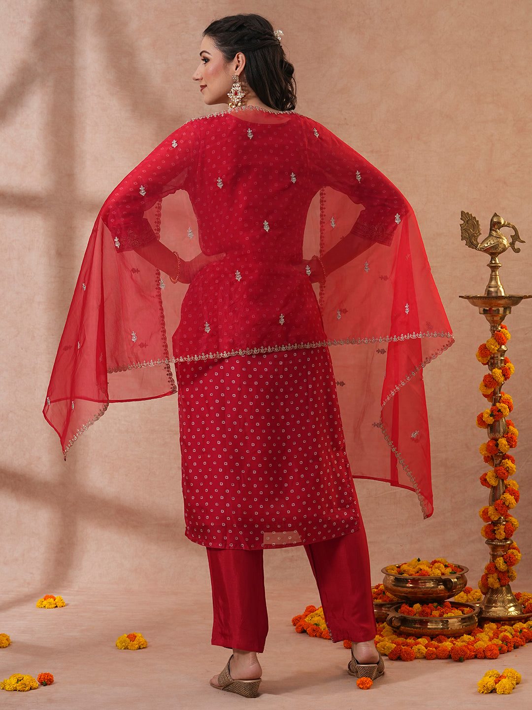 Bandhani Printed & Embroidered Straight Kurta with Pant & Dupatta - Red