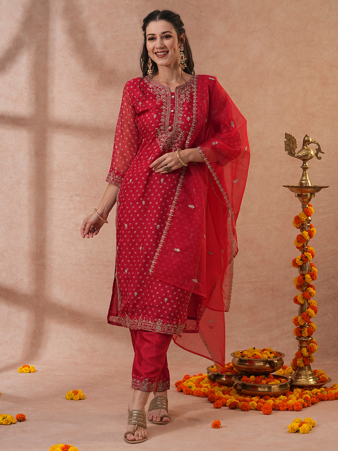 Bandhani Printed & Embroidered Straight Kurta with Pant & Dupatta - Red