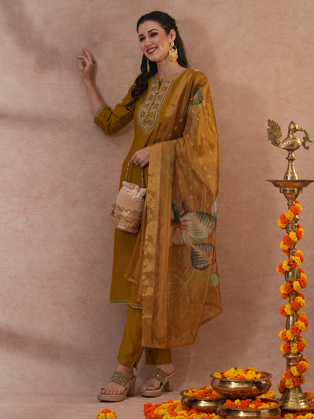 Solid Ethnic Embroidered Straight & Kurta with Pant & Dupatta - Mustard