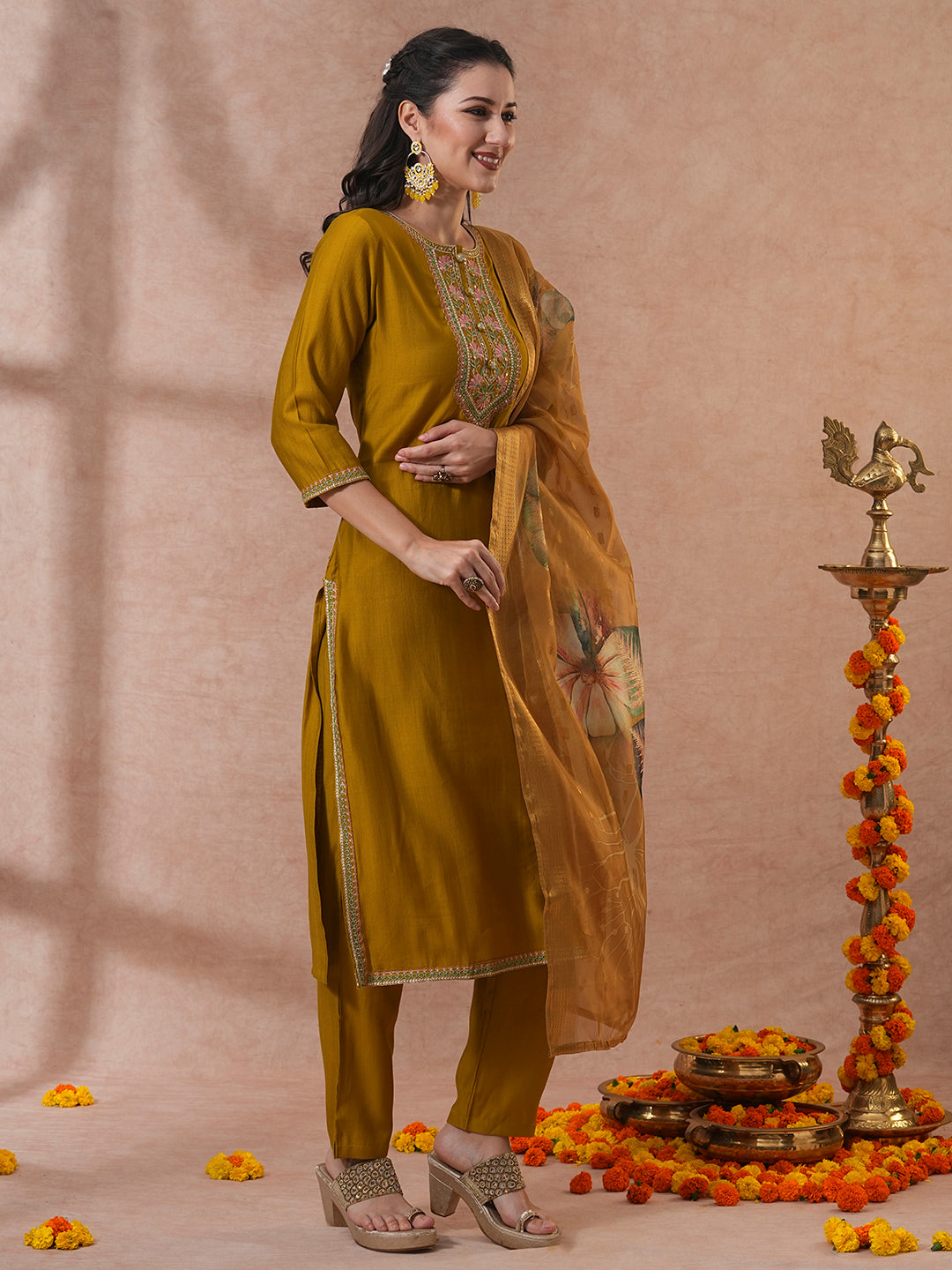 Solid Ethnic Embroidered Straight & Kurta with Pant & Dupatta - Mustard