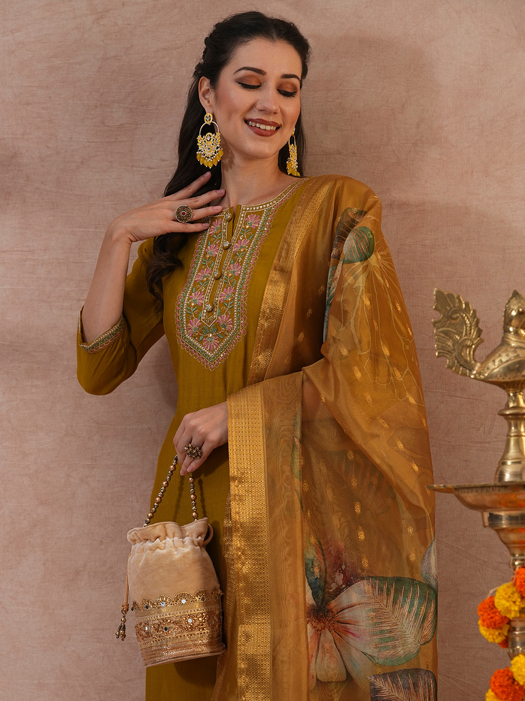 Solid Ethnic Embroidered Straight & Kurta with Pant & Dupatta - Mustard