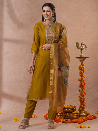 Solid Ethnic Embroidered Straight & Kurta with Pant & Dupatta - Mustard