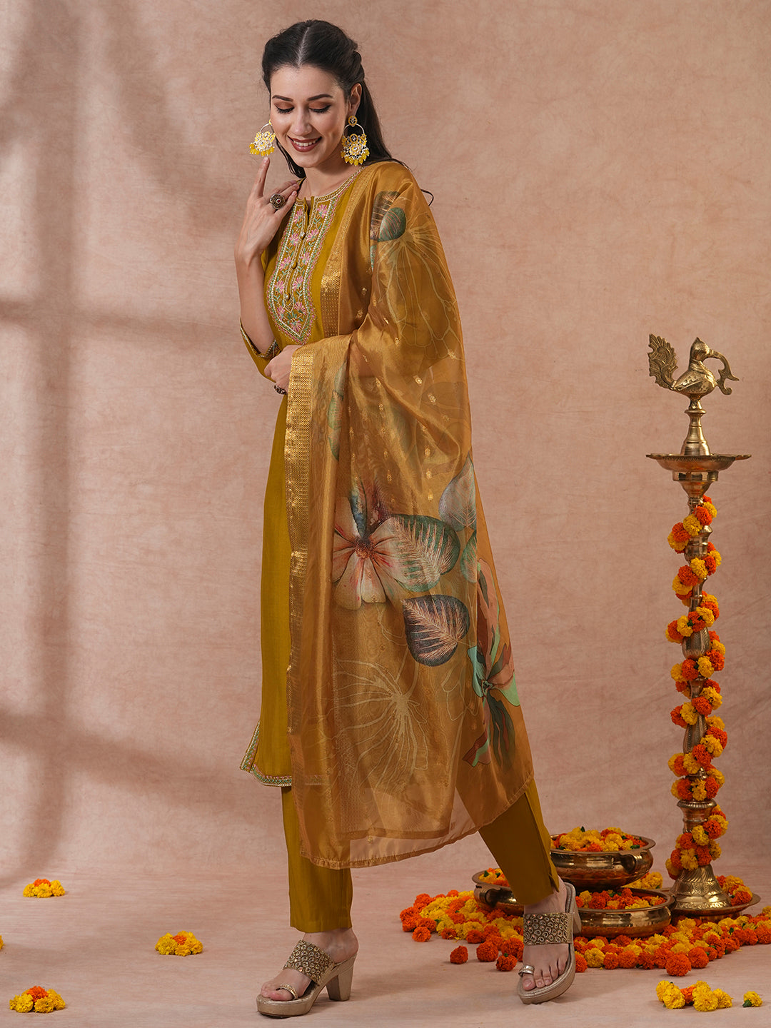 Solid Ethnic Embroidered Straight & Kurta with Pant & Dupatta - Mustard