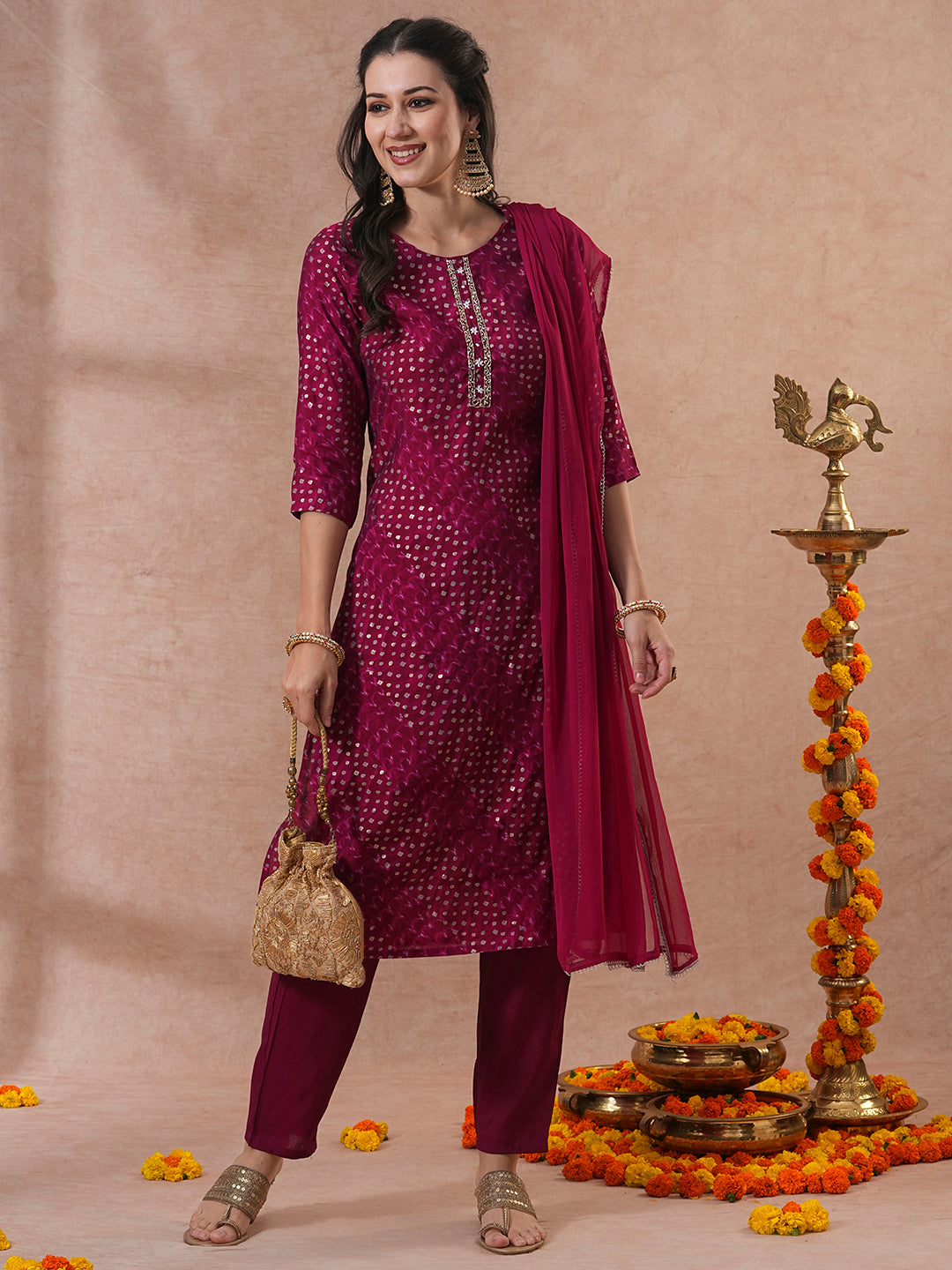 Bandhani Printed & Embroidered Straight Kurta with Pant & Dupatta - Magenta