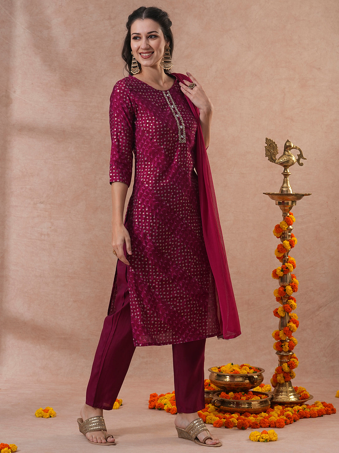 Bandhani Printed & Embroidered Straight Kurta with Pant & Dupatta - Magenta