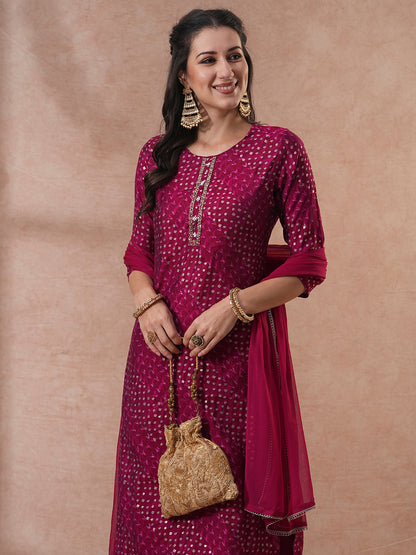 Bandhani Printed & Embroidered Straight Kurta with Pant & Dupatta - Magenta