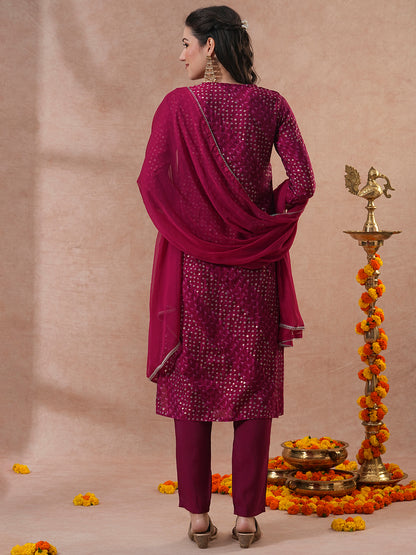 Bandhani Printed & Embroidered Straight Kurta with Pant & Dupatta - Magenta