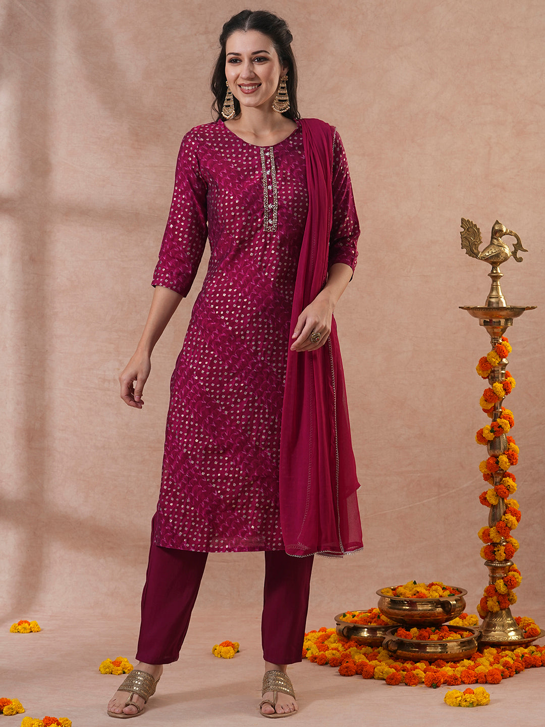 Bandhani Printed & Embroidered Straight Kurta with Pant & Dupatta - Magenta