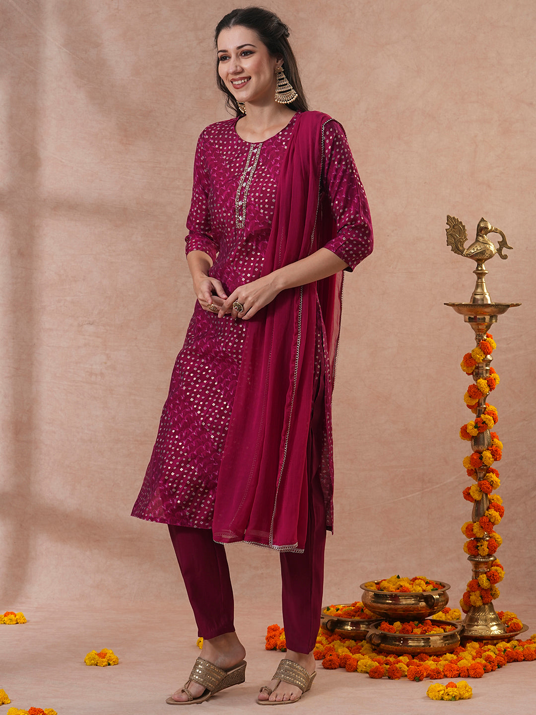 Bandhani Printed & Embroidered Straight Kurta with Pant & Dupatta - Magenta