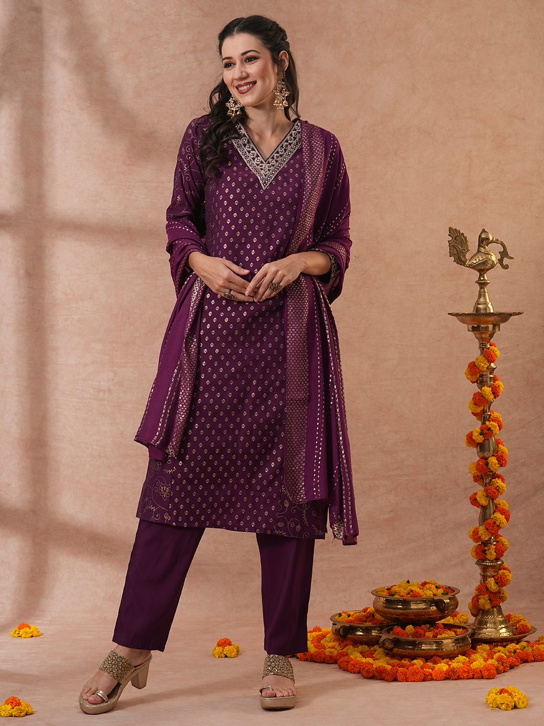 Ethnic Floral Printed & Embroidered Straight Fit Kurta with Pant & Dupatta - Purple