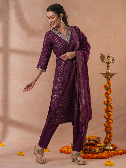 Ethnic Floral Printed & Embroidered Straight Fit Kurta with Pant & Dupatta - Purple