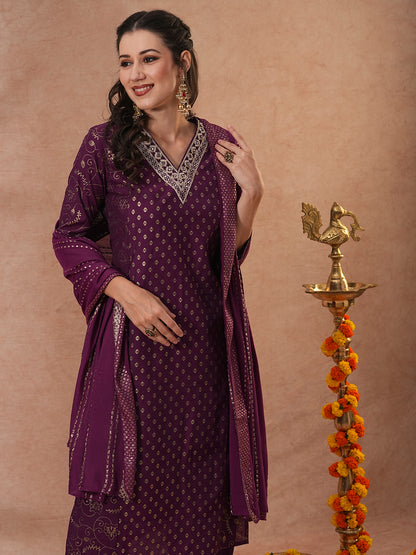 Ethnic Floral Printed & Embroidered Straight Fit Kurta with Pant & Dupatta - Purple