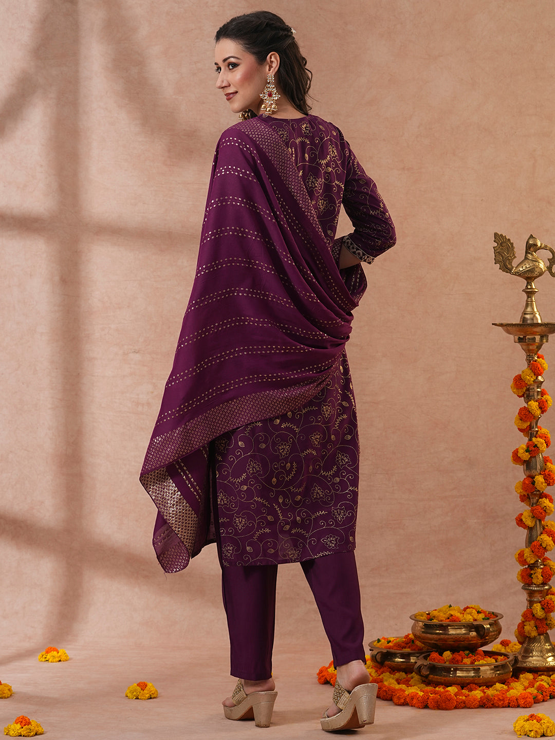 Ethnic Floral Printed & Embroidered Straight Fit Kurta with Pant & Dupatta - Purple