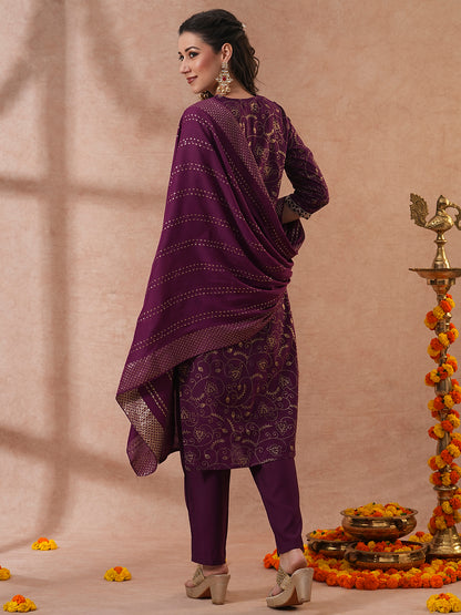 Ethnic Floral Printed & Embroidered Straight Fit Kurta with Pant & Dupatta - Purple