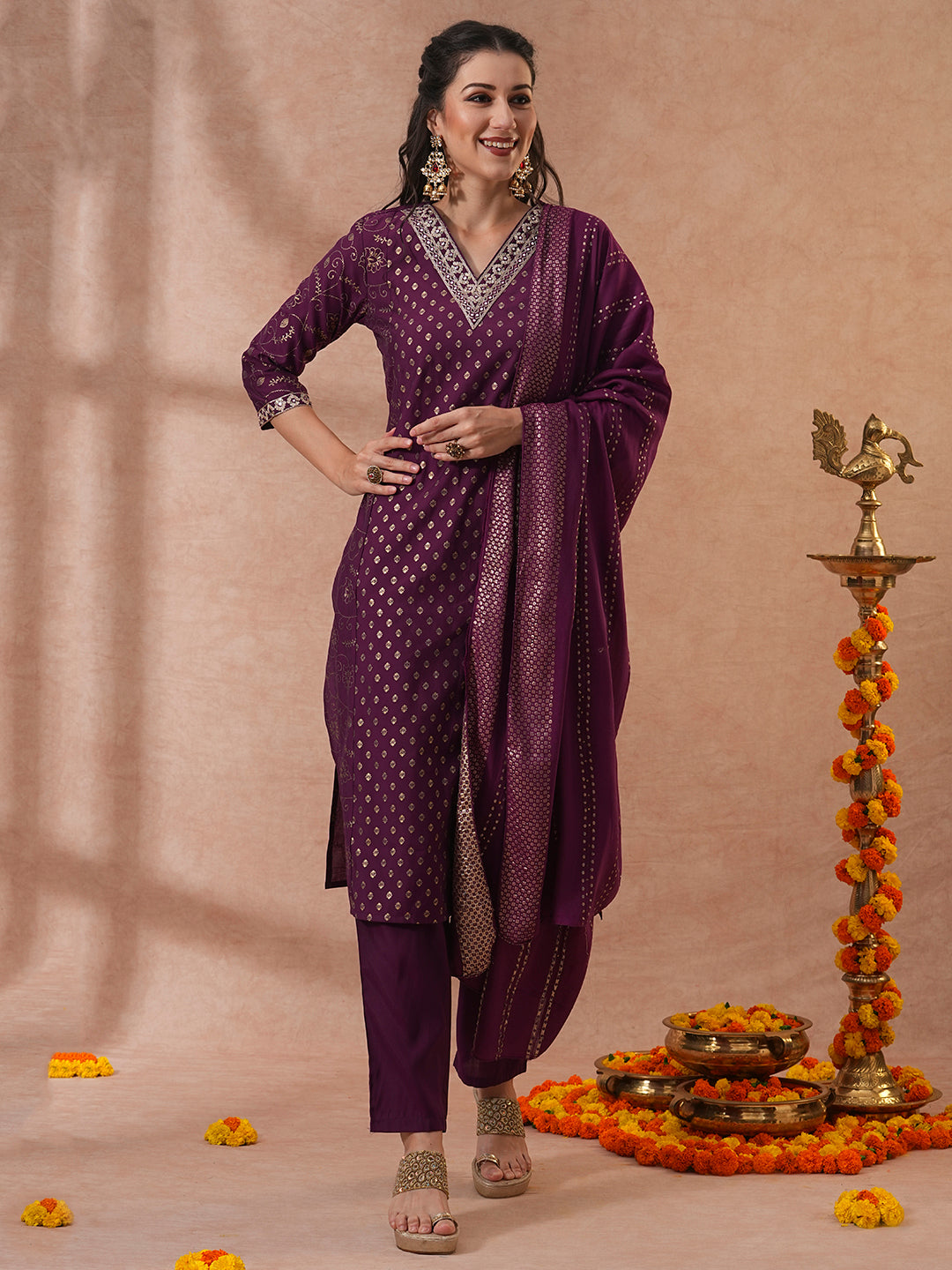 Ethnic Floral Printed & Embroidered Straight Fit Kurta with Pant & Dupatta - Purple