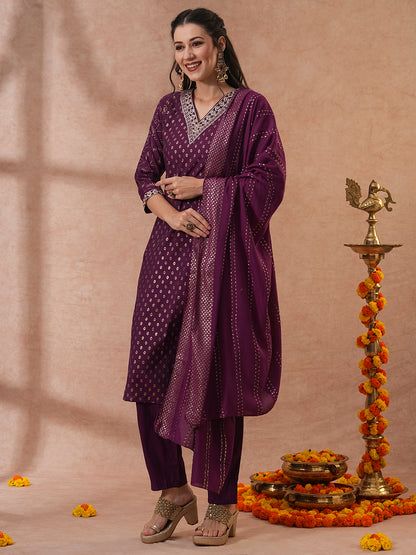 Ethnic Floral Printed & Embroidered Straight Fit Kurta with Pant & Dupatta - Purple