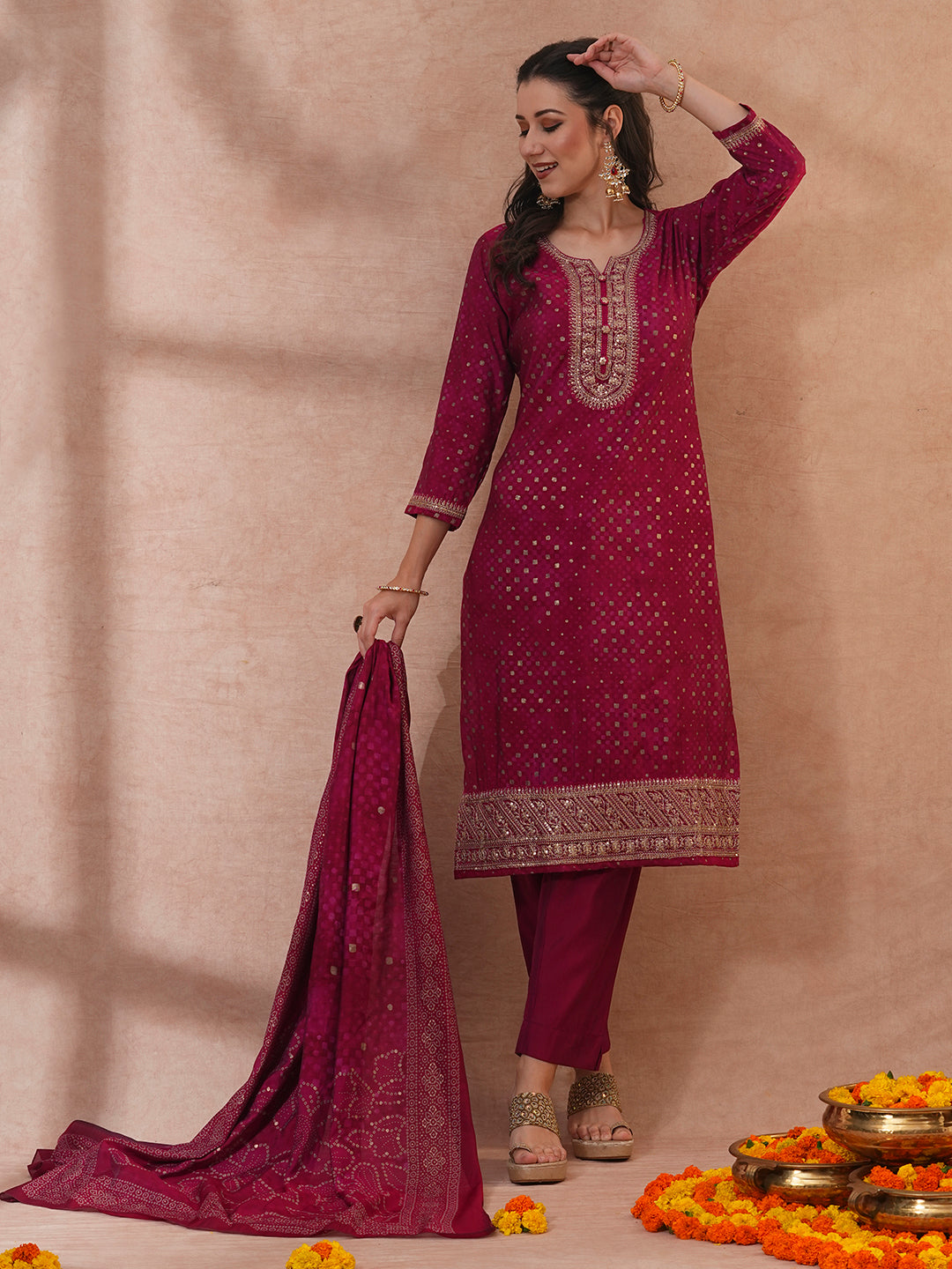 Bandhani Printed & Embroidered Straight Kurta with Pant & Dupatta - Magenta