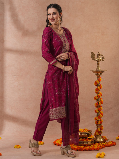 Bandhani Printed & Embroidered Straight Kurta with Pant & Dupatta - Magenta