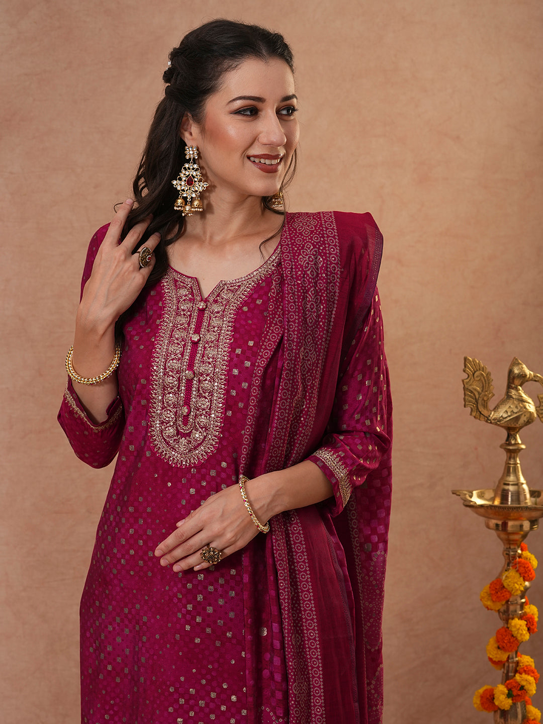 Bandhani Printed & Embroidered Straight Kurta with Pant & Dupatta - Magenta