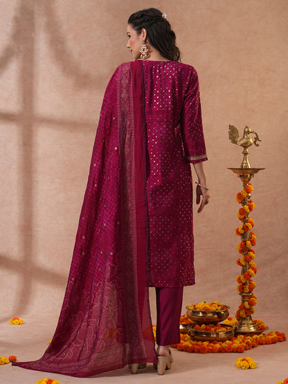 Bandhani Printed & Embroidered Straight Kurta with Pant & Dupatta - Magenta