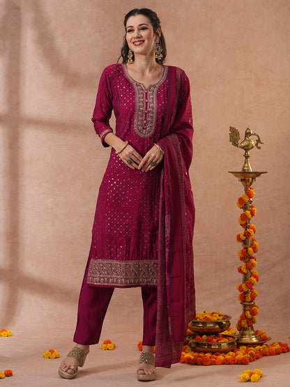 Bandhani Printed & Embroidered Straight Kurta with Pant & Dupatta - Magenta