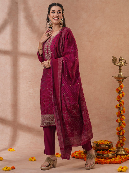 Bandhani Printed & Embroidered Straight Kurta with Pant & Dupatta - Magenta