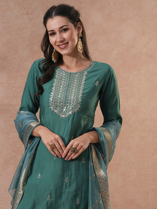 Solid Ethnic Zari Embroidered Straight Fit Kurta with Pant & Dupatta - Green