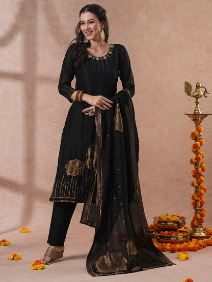 Solid Hand Embroidered Straight Fit Kurta with Pant & Dupatta - Black