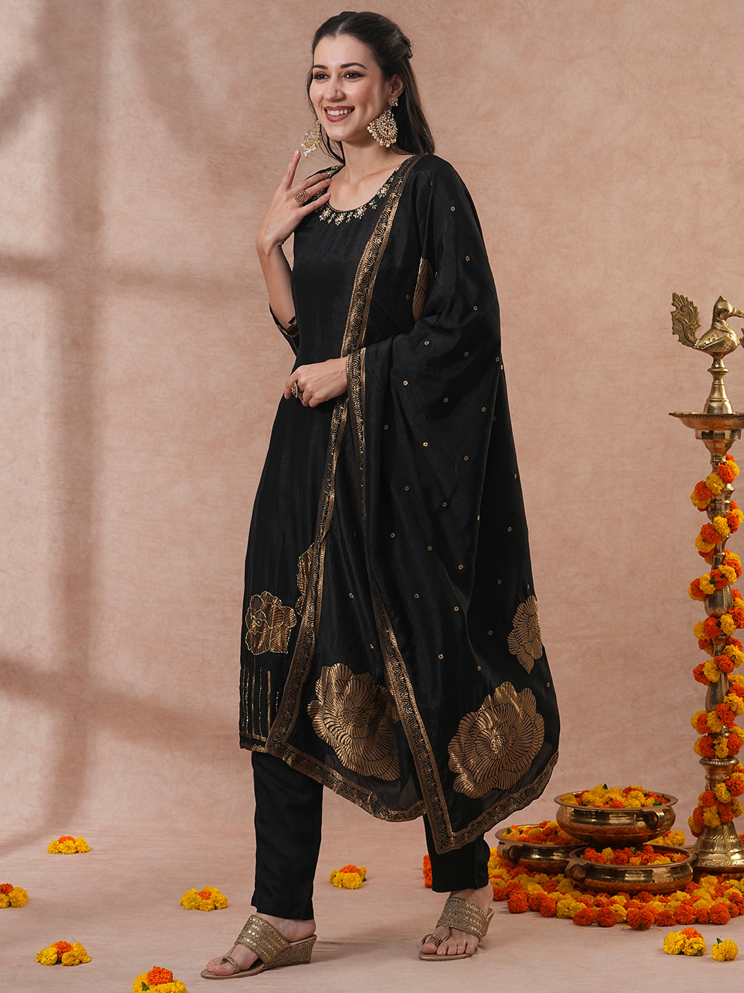 Solid Hand Embroidered Straight Fit Kurta with Pant & Dupatta - Black