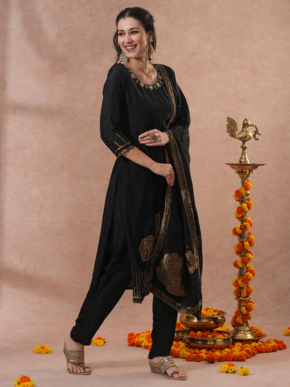 Solid Hand Embroidered Straight Fit Kurta with Pant & Dupatta - Black