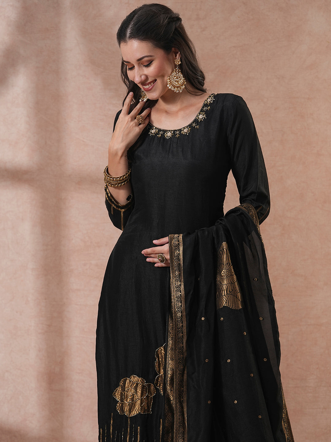 Solid Hand Embroidered Straight Fit Kurta with Pant & Dupatta - Black