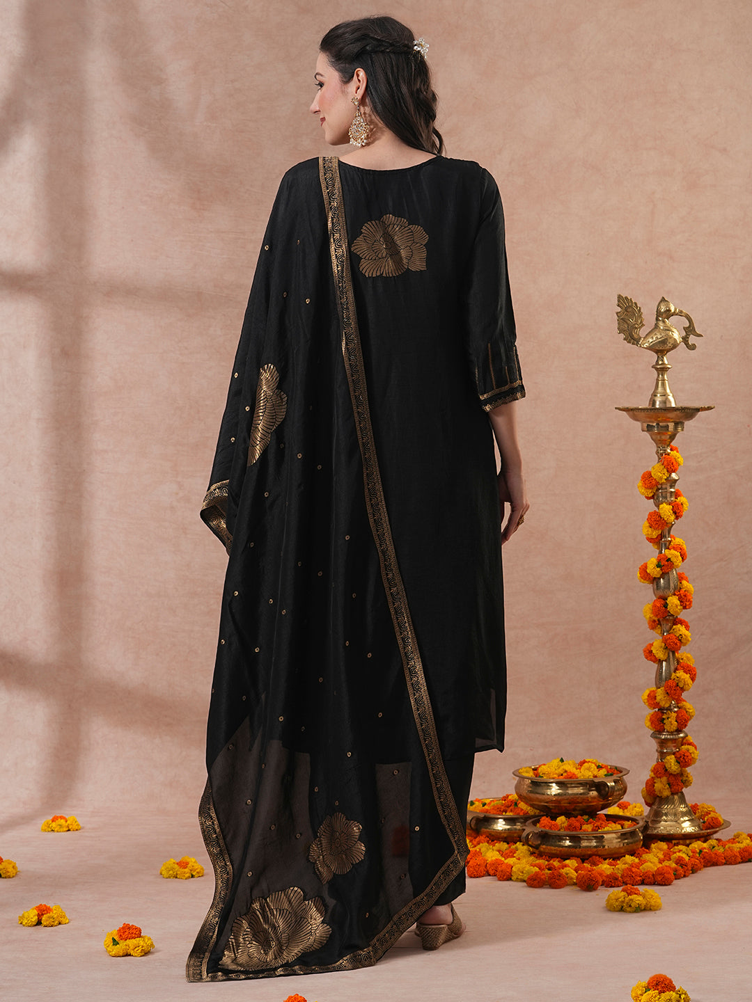 Solid Hand Embroidered Straight Fit Kurta with Pant & Dupatta - Black