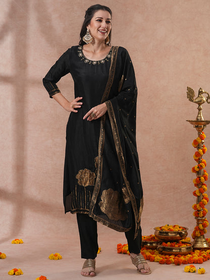 Solid Hand Embroidered Straight Fit Kurta with Pant & Dupatta - Black