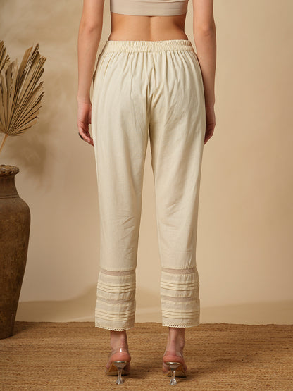 Solid Pin Tucked Straight Fit Cotton Flax Pant - Off White