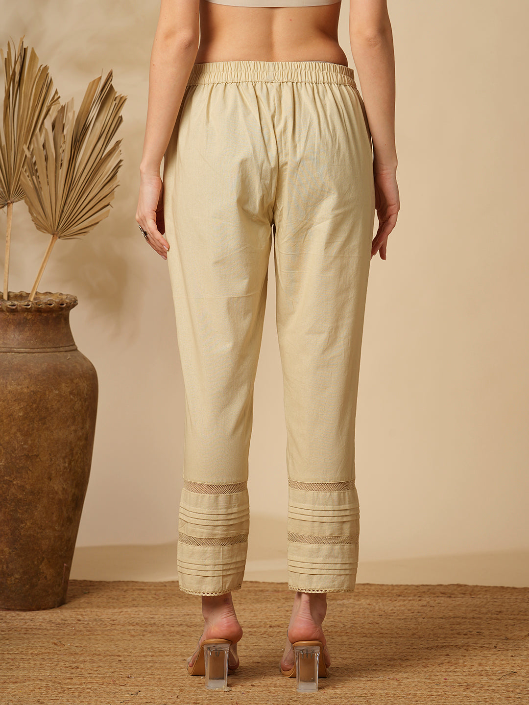 Solid Straight Fit Pin Tucked Cotton Flax Pant - Cream