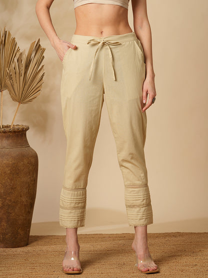 Solid Straight Fit Pin Tucked Cotton Flax Pant - Cream