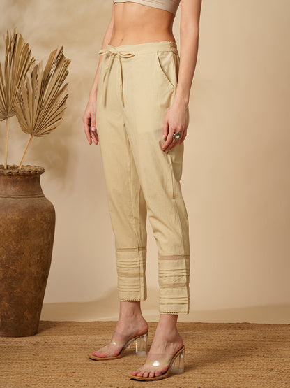 Solid Straight Fit Pin Tucked Cotton Flax Pant - Cream