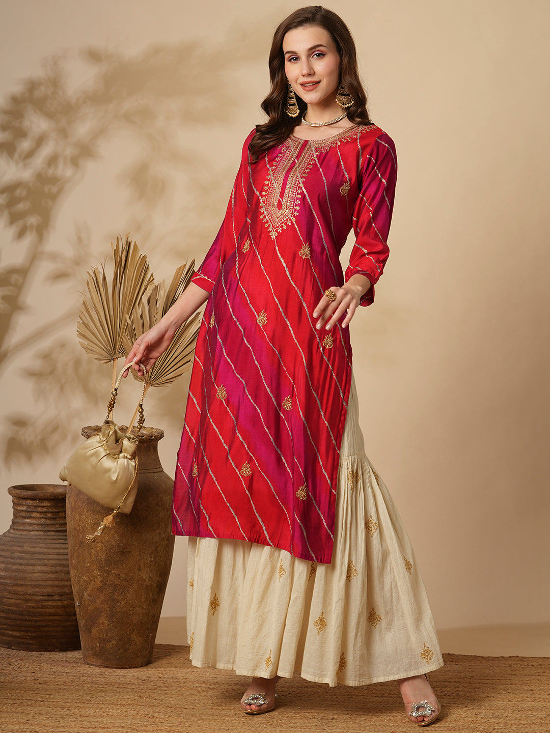 Ethnic Leheriya Printed & Embroidered Straight Fit Kurta - Multi