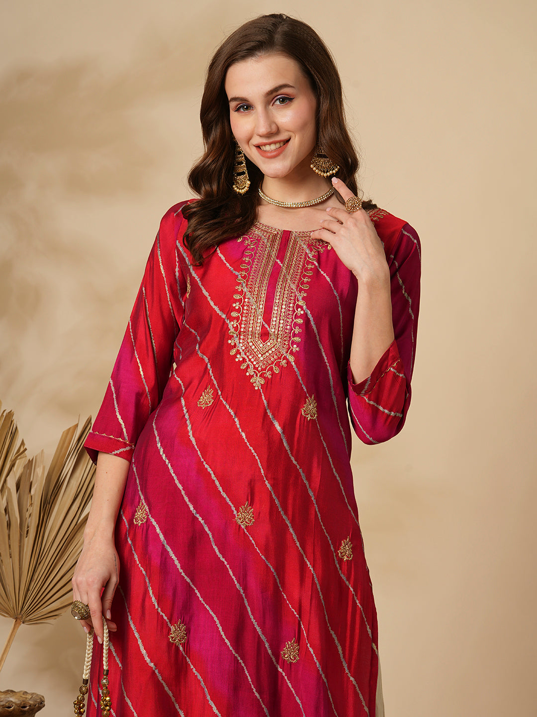 Ethnic Leheriya Printed & Embroidered Straight Fit Kurta - Multi