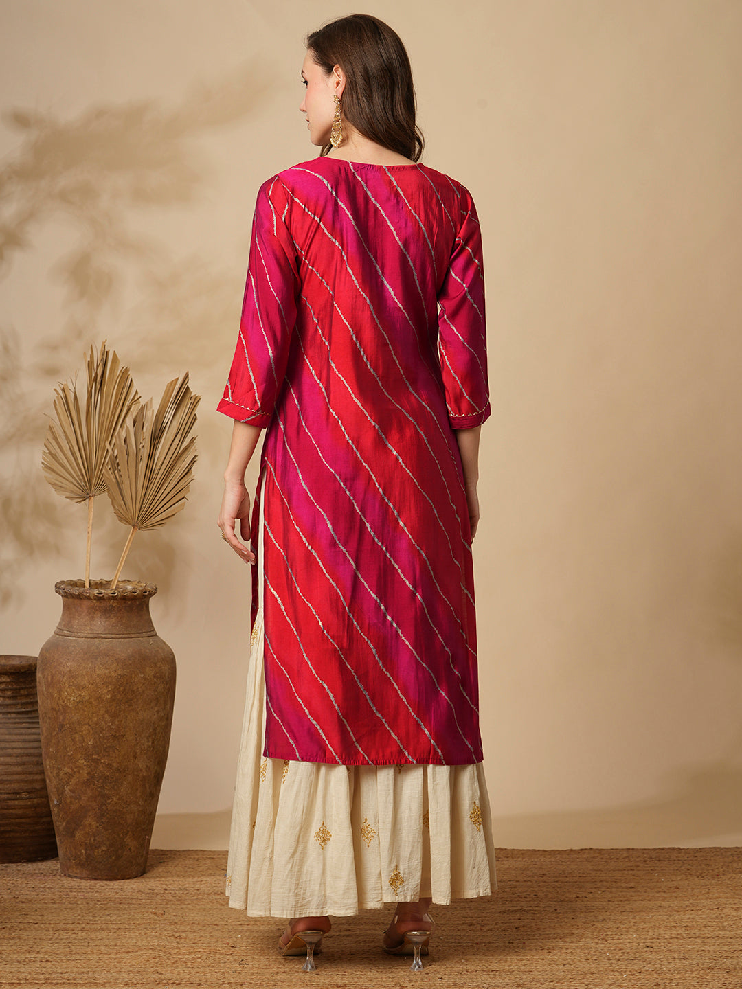 Ethnic Leheriya Printed & Embroidered Straight Fit Kurta - Multi