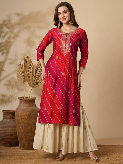 Ethnic Leheriya Printed & Embroidered Straight Fit Kurta - Multi